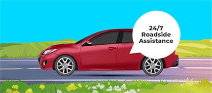 Car and Callout indicating 24/7 Roadside Assistance from CrScr.com