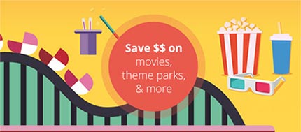 Roller Coaster and Popcorn showing additional Benefits like Movies, Parks, and Entertainment Discounts
